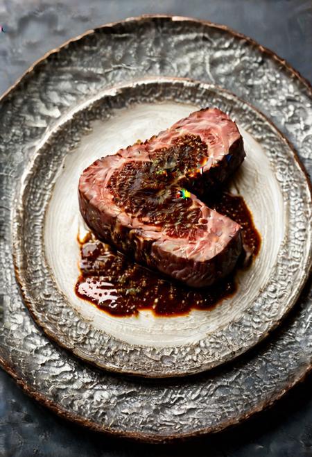 made of wagyu,
Succulent steak, stake on a silver patterned ancient plate, stakehouse meal (made of wagyu, DarkAtmosCE, mtlartCE_style)