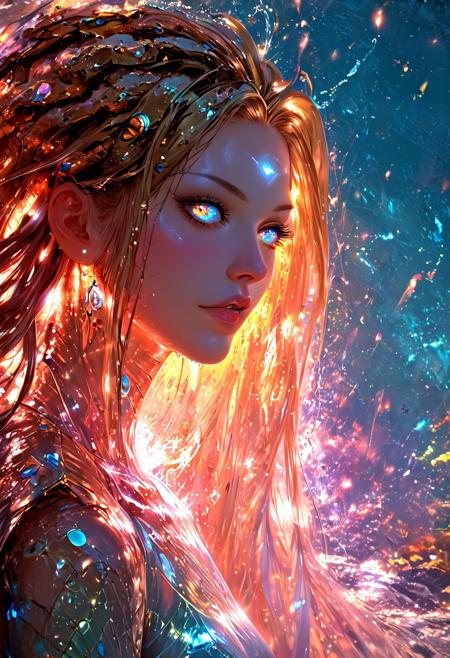 (score_9, score_8_up), score_7_up, zPDXL, solo, zPDXL3, <lora:MythAnim3Style:0.8>, MythAn1m3, character, source_anime, 1girl, mermaid, Iridescent eyes, aquatic scene, dreamlike atmosphere, mystical, ethereal light, detailed textures, whimsical, rippling, dripping, water element, very long cascading hair, water, very beautiful, sexy, sexy body, beautiful body, scales, wet body, Iridescent scales, bubbles, water drops, Iridescent skin, multi colored eyes, partially underwater shot, bioluminescent skin, bioluminescent, glowing, bioluminescent scales, bioluminescent hair, bioluminescent scales, FastNegativeV2, verybadimagenegative_v1.3, laser light clothes, submerged breast, water line on lense, view from under water, waterline, great lighting, seashells details, metallic details, hair ornaments, gems, sunset, bioluminescent tattoos, style-nebmagic, coastal  landscape background, long hair braids,  wet transparent clothing, wet see through shirt, see-through clothing, translucent clothing, flowing sleeves, hair covering nipples, gold hair,