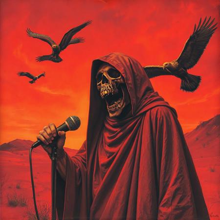 Dark art depicting a cloaked ominous monk from the 70s-style pulp painting, standing in a psychedelic red desert, holding a microphone while screaming agressively into it with a twisted expression on his skeletal face, his jaw is grotesquely wide open, The sky is red and otherworldy. Vultures circling in the sky. Duotone: Burnt orange and deep plum. Mood: Occult ritual meets 80's crinkled concert poster art style. Grim reaper, doom metal-style, gritty, desert ritual, tales from the crypt