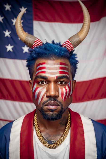 portrait photo of (kanye west:1.0) as (q4n0n5h4m4n:0.9), horns, patriotic facepaint, detailed face, hasselblad h6d-400c 1.4, outside washington dc