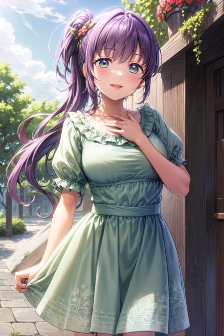 <lora:KozueV4:0.6>, (masterpiece, best quality, ultra-detailed), (illustration), (beautiful detailed eyes),
(1girl), (solo), (extremely detailed face), (beautiful detailed hair), thicc,
medium breasts, (0:1.1)
otomune kozue, green eyes, purple hair, (long hair:1.3), hair ornament, (side ponytail:1.3), flower
(outdoors, greenery :1.3), tareme, mature face, tareme
dress, frilled dress, green dress, short sleeves, flower prints
(standing:1.2), (smile:1.2), (arm behind back, hand on chest:1.3), parted lips, blush, (cowboy shot:1.4), best quality, high resolution, unity 8k wallpaper,    <lora:tareme:0.4> <lora:add_detail:0.6>