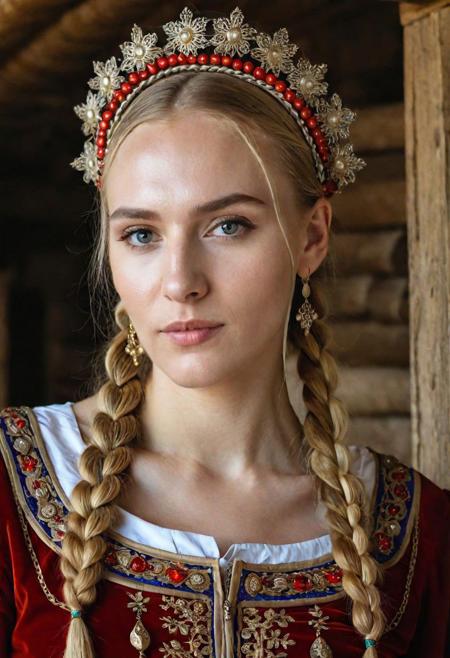 8k, UHD, photorealistic full-body vintage portrait, beautiful Russian young woman, 22yo, blonde, hairstyle of two braids, in a long Russian national vintage costume of XVI century, decorated with precious stones, in the Russian hut, ((detailed face, very detailed animate eyes, correct round pupils, detailed hair)), ((Russian solid high kokoshnik)), friendly expression on her face, ((detailed skin, visible pores on the skin)), bare thighs, ((slender beautiful figure)), correct anatomy, make-up, against the background of Russian nature, DSLR, Nikon Z 55 mm, depth of focus, detailed background