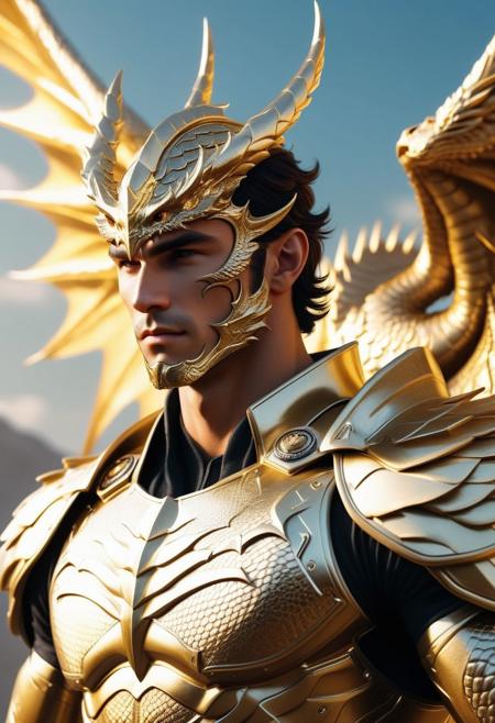 breathtaking human angel hybrid, human head, gold dragon armor (scale skin), dragon eyes, perfect jawline, halo, nimbus, wings, male focus, full body, fit-muscular, aesthetic physique, abs, wide torso, thin waist, (lean:1.5) (slender:1.4) (slim:0.1), proportional muscle definition, abs, ultra highest detailed face. heavenly atmosphere background, sun lighting, style of Anato Finnstark, by Alena Aenami. Award-winning, professional, highly detailed.