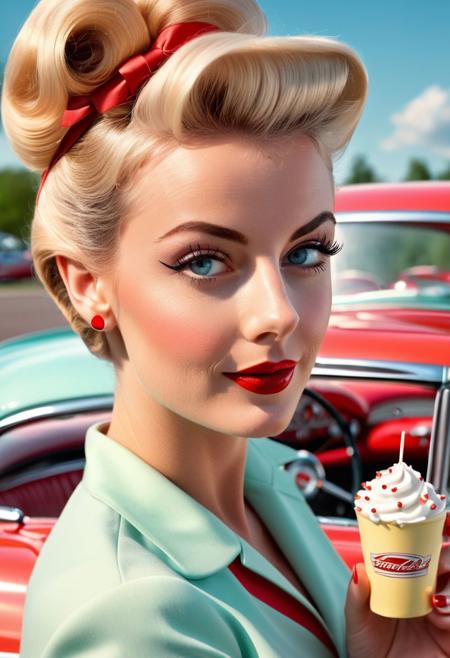 Create a high-resolution photo-realistic image of a cute girl, 50s drive-in, waitress, 1957 corvette, (huge natural breasts: 1.4), (best quality:1.4), 8k, uhd, masterpiece, best quality, ultra-detailed, ((detailed skin: 1.4)), photorealistic, ((big eyes)), (((high cheekbones))), sharp focus, detailed female anatomy, anatomically correct, well-drawn mouth, well-drawn lips, (well-drawn eyes), sharp lips, (((50s style))), equal catchlight in both pupils, 50s hairdo, 1950s makeup, 1950s cars, pinup, 5 digits per hand, cute flirty smile, 50s fashion, 50s aesthetic, carrying tray of burger fries milkshake,