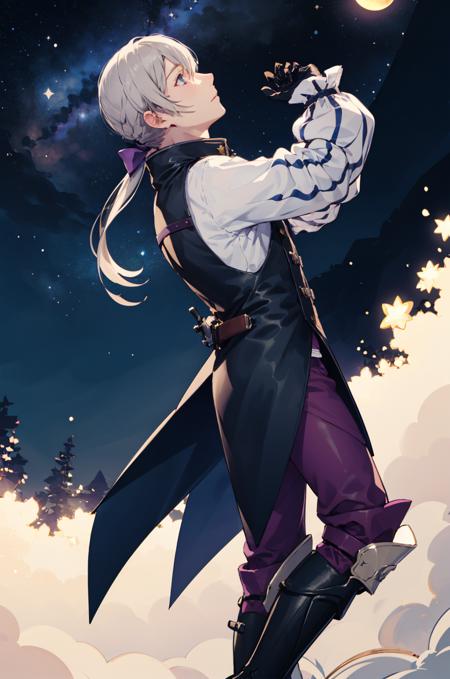 highest quality, night sky, stars, 1boy, looking up, from side, <lora:JakobFE:0.85> defJakob, low ponytail, gloves, boots, arms at side