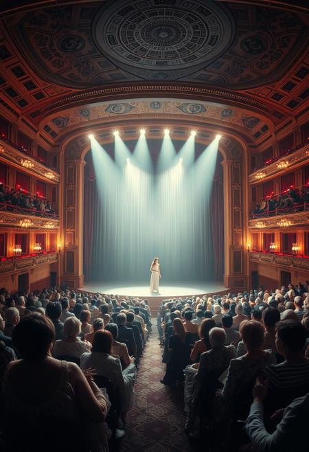 A grand opera house scene, where the stage and lighting remain crisp and realistic, but the audience is reduced to pulsating patterns of circles and lines
surrealism, dreamlike, soft pastel tones, Art Deco elegance, whimsical compositions, ethereal lighting, painterly textures, photomontage elements, fantasy realism, fluid feminine forms, delicate linework, intricate details, vintage glamour, muted yet vibrant color palette, symbolic imagery, romantic atmosphere, surreal storytelling, imaginative landscapes, stylized beauty, high-fashion aesthetics, visual poetry