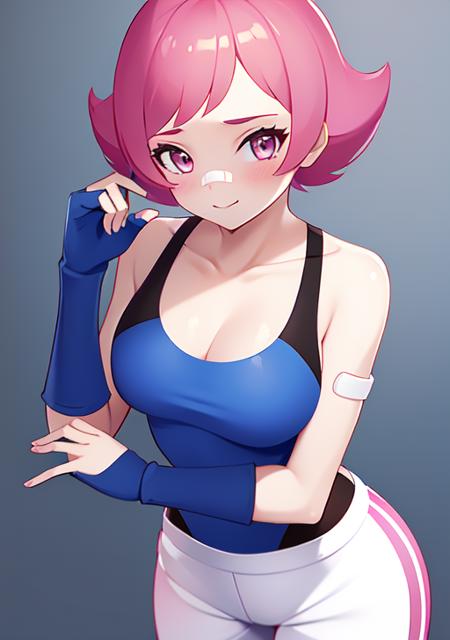 maylene 1girl, solo, breasts, smile, short hair, bangs, gloves, closed mouth, collarbone, pink hair, pants, hand up, fingerless gloves, pink eyes, eyelashes, clenched hand, bandaid, outline, white pants, bandaid on face, blue gloves, bandaid on nose, bandaid on arm