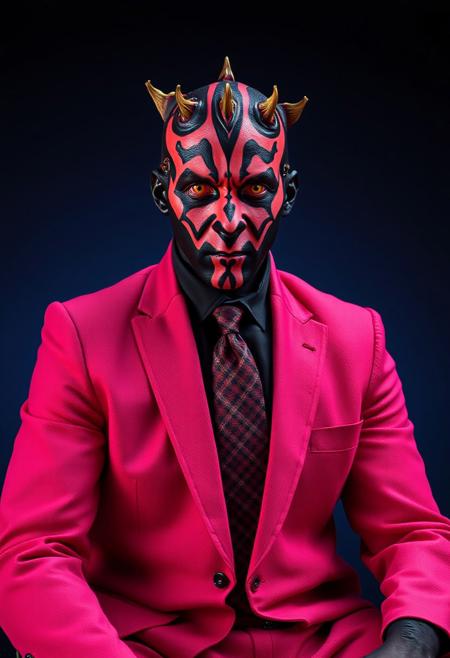 ​A studio shot hyper-realistic portrait of Darth Maul. He is sat in a bright pink two-piece suit, crisp black shirt and tartan tie against a dark blue backdrop. He looks directly toward the camera. Professional studio portrait photography with classic portrait lighting and shallow depth of field against a seamless backdrop.
