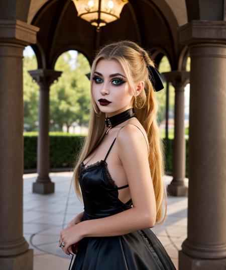 An Italian goth girl, age 18, with green eyes, long eyelashes, blonde long hair high ponytail, black lipstick, and dark makeup. 
She wears an elaborate ral-frctlgmtry steampunk dress. The color palette of the dress is fading wine and balck.
She stands under a marble column gazebo, she has a perplexed expression while she's looking at her dress. Front view taken in bright studio lighting.