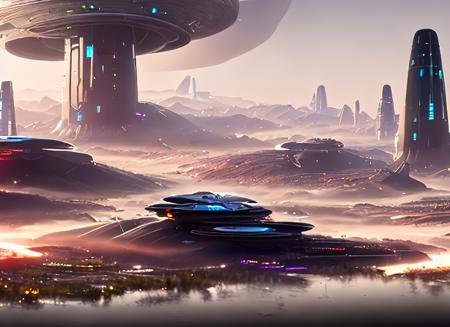 a discodifland with hi-tech towers and ufos, artstation, sharp focus, inspiring 8k wallpaper