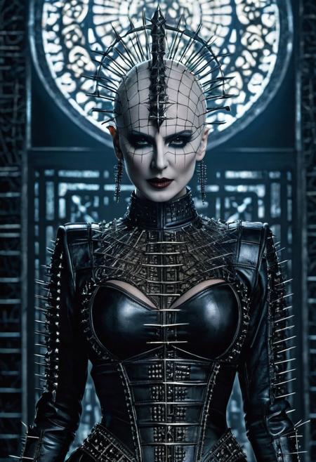 Pinhead Woman is a full-length Cenobite goddess, a cinematic, sci-fi, masterpiece, sinister, matte poster of the film "Hellraiser" popular on cgsociety, complex, epic, popular on artstation, from artgerm, highly appreciated detailed, vivid, cinematic rendering of characters, ultra-high quality model, detailed drawing of small details, 3D, octane number, detailed drawing of small details.