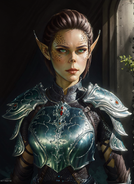 githyanki, female, solo, short hair, brown hair, pointy ears, armor, shoulder armor, portrait, pauldrons, green skin
, ((masterpiece, best quality)), art by greg rutkowski, artwork trending on artstation  <lora:githyanki_offset:1>