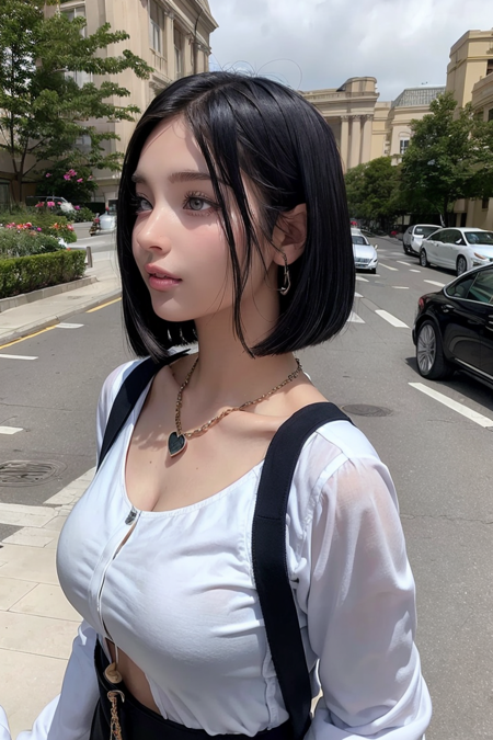 best quality, masterpiece, (photorealistic:1.4), 1 girl, upper body, short hair, corset, necklace, cute, flowers around, outside, big boobs, -- Face Details:1.7 -- <lora:KSohee-01:1>