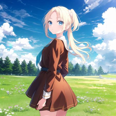 (high quality, best quality, masterpiece), 1girl, solo, osawa rurino, hasunosora_uniform, <lyco:LLLL:0.5>, looking_at_viewer, expressionless, park, grass, sky, cloud, day