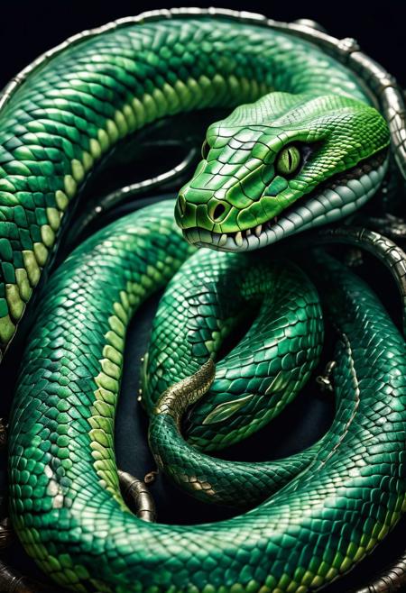 Hyperdetailed Photography, Cinematic, Full Body Photo, Skin Details, hi resolution, photorealistic, soft light, award winning photograph of a serpent, magical, whimsical, fantasy art concept, steampunk, intricate details, best quality, masterpiece, ultra shartp, green colour with silver highligts