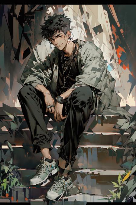 <lora:CraigMullins:1>solo, looking_at_viewer, smile, short_hair, 1boy, long_sleeves, jewelry, sitting, closed_mouth, jacket, male_focus, earrings, grey_hair, shoes, pants, black_shirt, black_pants, ring, letterboxed, sneakers, earphones, earbuds