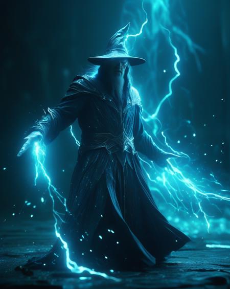 stablishing shot,powerful wizard,deep cyan and dark Color Scheme,cinematic, ethereal glow,lightning sparkles,fluid shapes,evocative,High Resolution