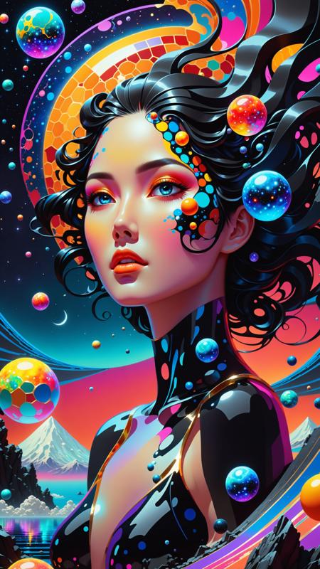 in the style of artgerm, comic style,3D model, mythical seascape, negative space, space quixotic dreams, temporal hallucination, psychedelic, mystical, intricate details, very bright neon colors, (vantablack background:1.5), pointillism, pareidolia, melting, symbolism, very high contrast, chiaroscuro, a beautiful girl, closed eyes, portrait, (((splash of paint))), (((colorful))), (((floating colorful paint))), goddess of death, Japanese mythology,(featuring mythical creatures), solar system, milky way, dream, fantasy, (abstract background:1.3), masterpiece, ultra realistic, extremely detailed CG unity 8k wallpaper, best quality, photorealistic, Human anatomy, fragmented body parts, 3d cube fragmentation of body, cubes and orbs breaking off face, surreal masterpiece, vibrant colors, rim lighting, mechanical fragmentation, biosphere decomposition, high detail, floating parts, detailed cosmic background, fractal art, galaxy light vision, 16k, Astral concept art, sharp lines