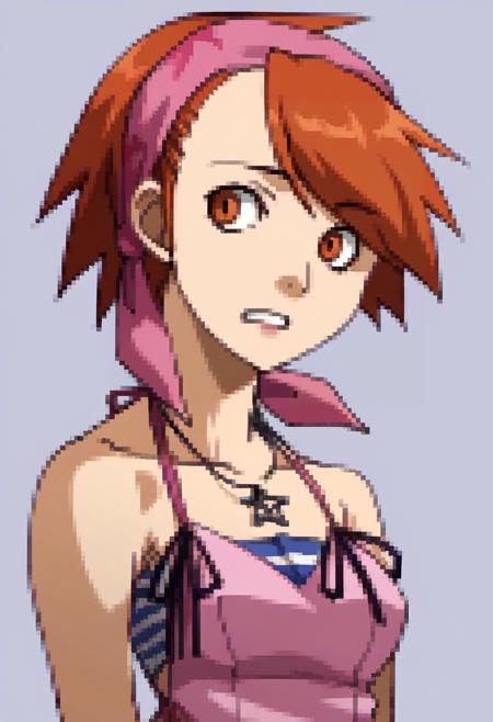 yuzudesu, orange hair, orange eyes, short hair, bandana camisole, tube top, necklace, black thighhighs, skirt