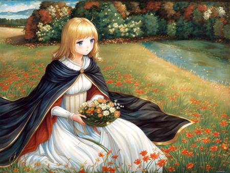 on meadow; solo waifu, one hand gathering flowers, with blonde hair, blue eyes, white dress and black cape; exceptional, best aesthetic, new, newest, anime, masterpiece, best quality, ultra detailed; golden ratio, painting by John William Waterhouse