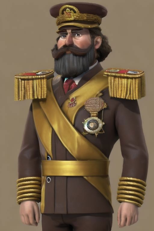 Man in brown Dictator uniform and Military cap. Has a gold Sash. Has a Brown beard. Has Red futuristic visors. civ 6 art s...