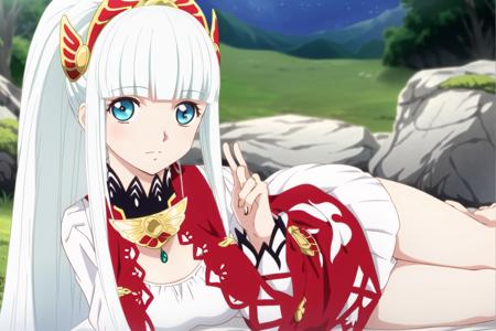 lailah (tales), 1girl, solo, (white hair:1.4), long hair, ponytail, bangs, (blue eyes:1.2), blunt bangs, hairband, sidelocks, hair ornament, narrow waist, slim waist, looking at viewer, red dress, bedroom, night, highres, absurdres, (hand on own chest:1.3), big eyes, (lying, on stomach), (from below:1.4), feet out of frame, photorealistic