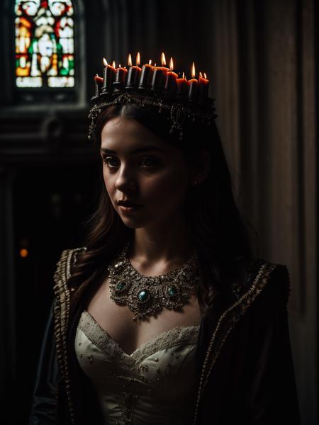 from above, (masterpiece:1.2), (best quality,:1.2),  <lora:kks-weird SD15_epoch_9:0.8> kks-w31rd, woman wearing candle headdress, 8k, HDR, ultra detailed, ((photorealistic)), professional light, cinematic lighting, fashion photography, ambient lighting, atmospheric effects <lora:detail_slider_v4:0>, a long and elaborate gothic hall, volumetric light light  rays on airborne dust through stained glass, epiCPhoto