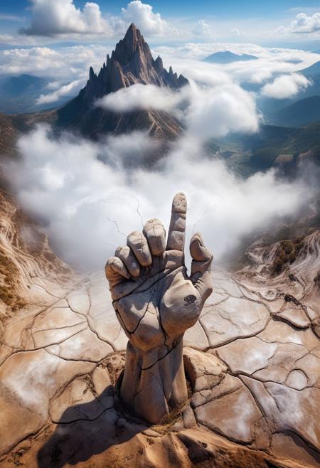 huge stone hand stick out of the cracked earth, fantastic style, mountains, thick clouds, magic haze, fantasy world, professional photo, three-dimensional drawing, stone, glassб masterpiece