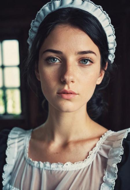instagram photo, European girl, black hair, perfect detailed eyes, natural skin, hard shadows, film grain, maid dress