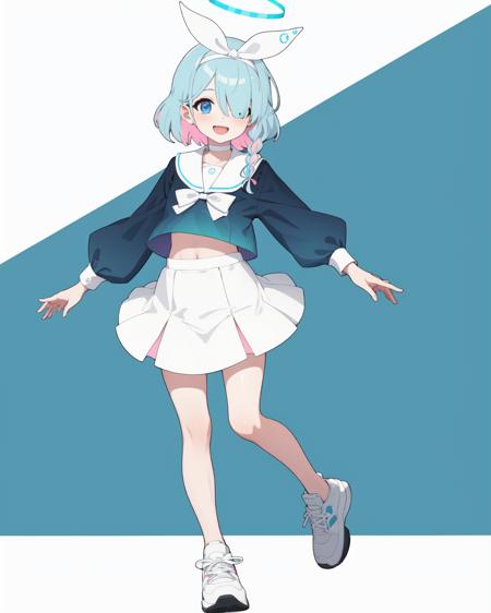 1girl, solo, looking at viewer, smile, short hair, open mouth, bangs, blue eyes, skirt, simple background, shirt, long sleeves, white background, bow, ribbon, school uniform, blue hair, full body, pink hair, braid, multicolored hair, hairband, shoes, serafuku, choker, sailor collar, hair over one eye, two-tone hair, halo, white footwear, white skirt, blue shirt, sneakers, white sailor collar, white hairband, colored inner hair, midriff peek, white choker, bow hairband , arona (blue archive), 8K, masterpiece, beautiful