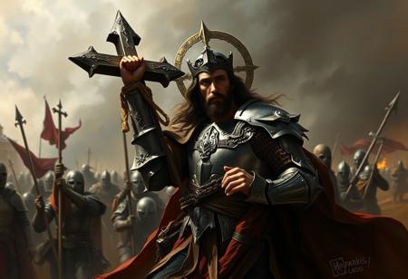 Jesus Christ, cladded in heavy armor, wielding a cross polearm, leading the armies of God to the eternal crusades
Dark, oppressive, gothic style, realistic painting