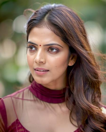 ultrarealistic portrait soft focus photo of a 30-year-old woman, malavika mohanan, outdoors, high-neck Salwar Kameez, telephoto shot camera angle, looking looking at camera, midday time, beautiful bokeh, film grain <lora:Malavika_Mohanan_SDXL_LoRA:1>