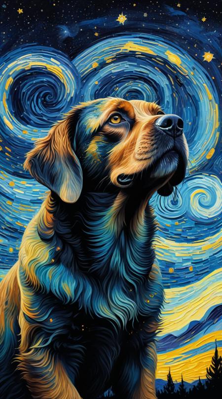 A swirling Van Gogh-esque sky with a creature composed of starry night swirls, its form menacing yet mystical, blending Impressionism with Surrealism, rich in vibrant colors and brushstroke texture.