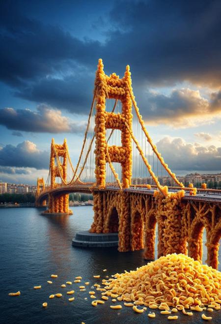 DFC, masterpiece , prt, glossy picture, hd photo, best quality, selective brightness, scenery,building,bridge ,cityscape,sky,outdoors,cloud,cloudy sky,bridge made of fried pasta