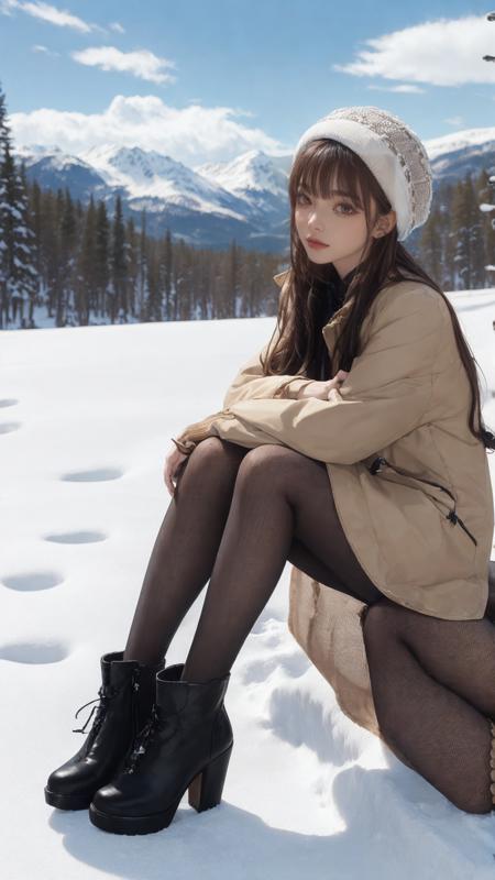 (tutuhd),pantyhose,black miniskirt, black pencil skirt, high heels, 
masterpiece, best quality, winter, snow field, 1girl, bangs, blue eyes, blunt bangs, bonnet, brown footwear, brown hair,  frills, fruit, full body, hat, long hair,looking at viewer, shoes, sitting, solo, sky, sun, mountain, forest, lake,
 <lora:å¾å¾çå¨ä¸ï¼20Då°å­æ¸ç½è¢è¿ï¼_v1.0:0.85>