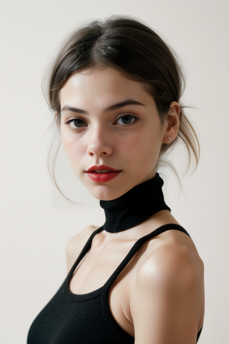 ClarissaMuller, razored combover bob haircut, ((red lipstick)), ((slim, fit, lanky, coltish:1.5)), (black turtleneck cashmere sweater), upper body, luxury, looking at viewer, Hasselblad H6D, portrait, natural lighting, oiled skin, perfect eye blush, slightly open mouth, long eye lashes, <lora:epiCRealismHelper:0.2>, <lora:hairdetailer:0.3>, ((basic black backdrop:1.3)), detailed skin texture, (blush:0.5), (goosebumps:0.5), subsurface scattering, RAW candid cinema, 16mm, color graded portra 400 film, remarkable color, ultra realistic, textured skin, remarkable detailed pupils, realistic dull skin noise, visible skin detail, skin fuzz, dry skin, shot with cinematic camera