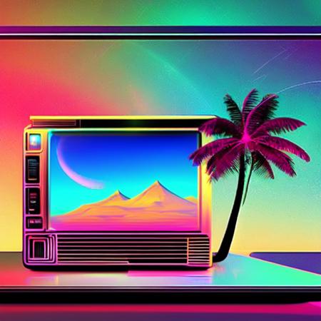 photo (retrowave:1) style an old television screen with a palm tree on the screen <lora:djzRetroWaveV21_LoraBooth:1>