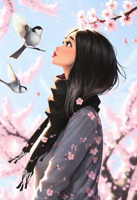 sam yang,
1girl, butterflies, birds, black eyes, black hair, blurry, blurry background, cherry blossoms, lips, long-tailed tit, looking up, medium hair, profile, scarf, solo, tit (bird)
, ((masterpiece))
<lora:sam_yang_offset:1>