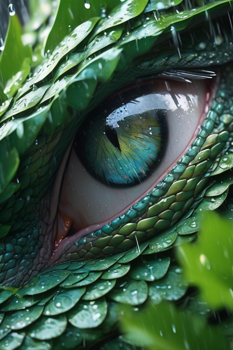 A close-up of a green dragon's eye with rain drops on its scales.