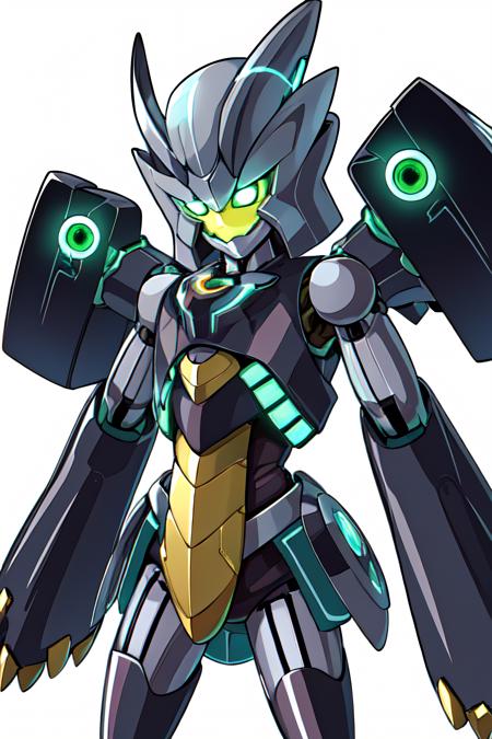 solo digital image of a humanoid robot (medabotV1) with halo horns, no mouth and angular body with iridescent glowing, in frame looking at viewer in full view with a random pose, symmetrical body, symmetry, white background, simple background,