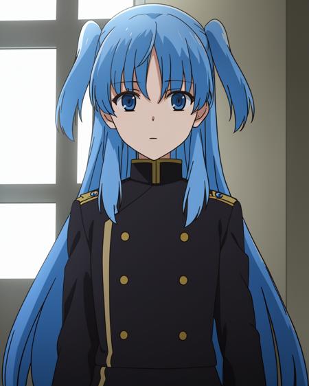 ((masterpiece)), (( best quality)), 11girl, solo, blue hair, two side up, blue eyes, long hair, upper body, uniform, buttons, looking at viewer, bangs, military, <lora:ChthollyV2-000015:0.7>, indoors,