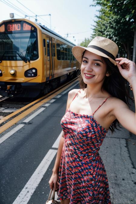 RAW photo, selfie, gopro action photo of a 20yo Greek woman, (looking at camera:1.3),dressed in a yellow summer dress,next to a fast passing train, wind in her hair and dress, delighting mouth, holding her hat, pov,motion blur, lens blur, out of focus,8k uhd, dslr, soft lighting, high quality, film grain, Fujifilm XT3  <lora:emotions_lora:1> <lora:InstantPhotoX3:0.6>