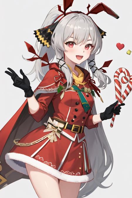 best quality, masterpiece, highres, solo, {weedy_arknights:1.15}, long_hair, bangs, red_eyes, grey_hair, upper_body, white_hair, very_long_hair, hair_ornament, 1girl, black_gloves, candy, candy_cane, cape, food, gloves, holding, looking_at_viewer, official_alternate_costume, ponytail, smile, dress, red_dress, blue_cape, christmas, :d, chibi, open_mouth, outline, pink_background, simple_background