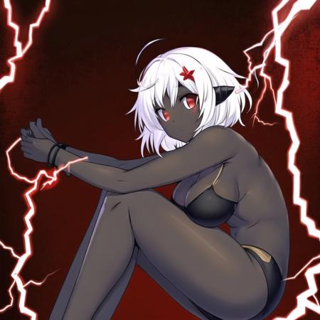 <lora:fetal_position2:1.0> , fetal position,  bent legs,   breasts, cleavage, dark skin, electricity, golem, hair ornament, monster girl, red eyes, white hair