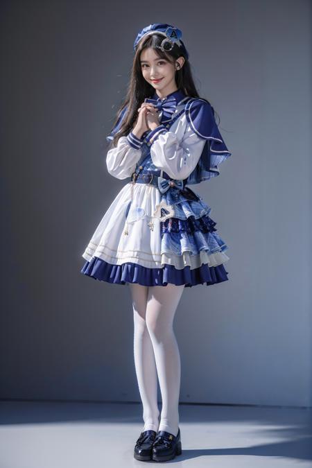 best quality, masterpiece, photorealistic, 1girl, solo, full body, standing, long straight hair, looking at viewer, own hands together, smile, cyb dress, capelet, long sleeves, belt, bow, bowtie, hat, headwear, white pantyhose, shoes, simple background, <lora:idol_costume_style8_v1:0.75>