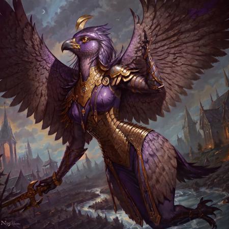 masterpiece, best quality,((solo)),  painting of Aven  a Dark Purple bird woman  wearing armor, medieval setting,  in a stream, night, synagogue in the background, <lora:Aven:0.85>