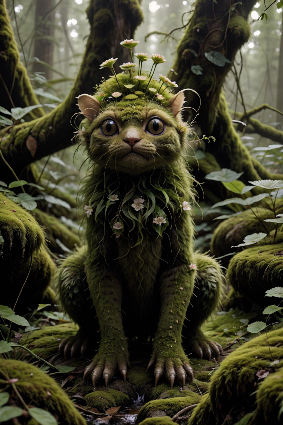 A Cat Sitting in the Forest with Green Moss and Flowers on Its Head and Body.