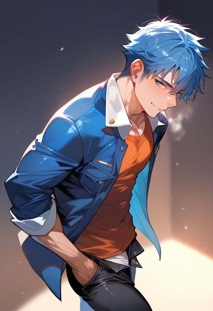 score_9,score_8_up,score_7_up,zPDXL3,zPDXLxxx,1boy,solo,male,attractive body,<lora:trt:1>,trt,blue hair,curly hair,bangs,jacket,pants,blue jacket,bedroom,