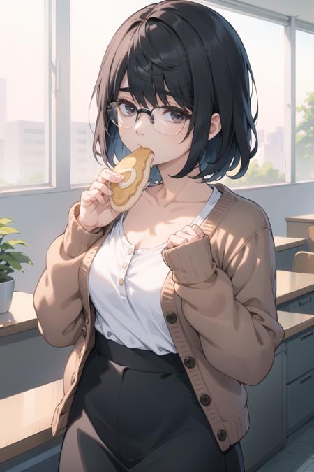 <lora:shirosaki-000034:1> shirosakisaori, glasses, cardigan, white shirt, scoop neck, black skirt, long skirt,
1girl, solo, office, eating, dorayaki