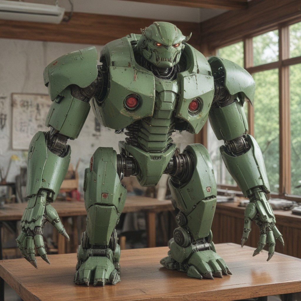 robot on a table, powerful stance, made in 2019, mod green bob wig, military design, artgrem, ogre, mecha font, dolman, widest hips, this is a monster, masterpiece image, vomit, standing elegantly, instagram story, skiff, from china, toadstools and dragons, dramatic, unreal engine, detailed and intricate background, trending on pixiv